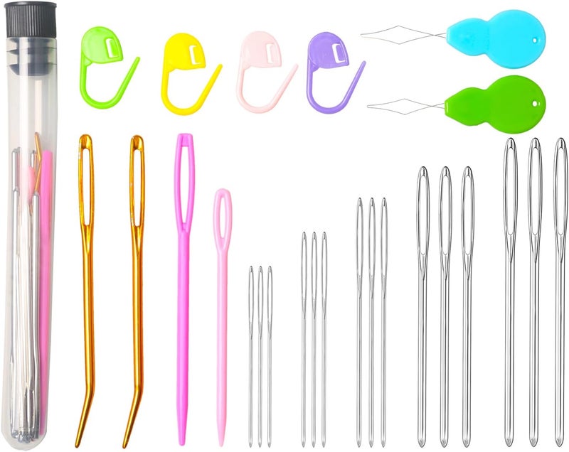 HEKISN 25Pcs Large Eye Blunt Yarn Needles kit, Assorted Sizes Bent Tapestry Darning Needle, Sewing Needles with Needle Threaders & Stitch Markers for Knitting Crochet (Black) - Image 1